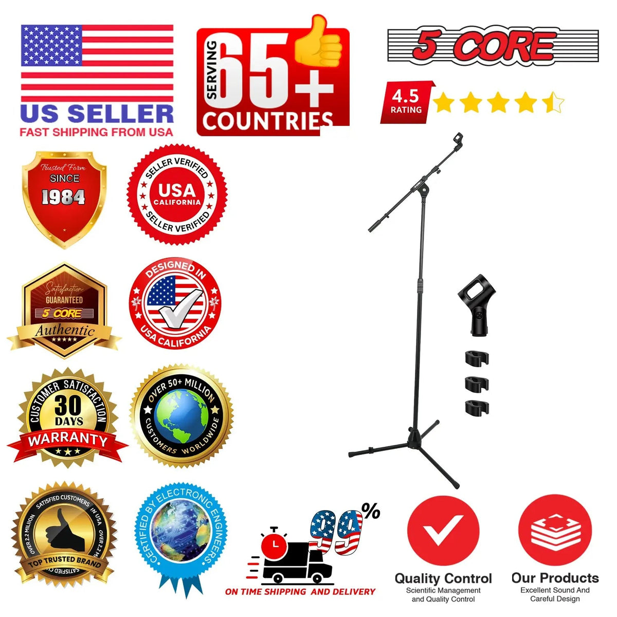 5 Core Mic Stand 2Pcs Adjustable Microphone Stands Floor w 180° Rotating Telescoping Metal Boom Arm - HONORABLE VETERANS SOLUTIONS