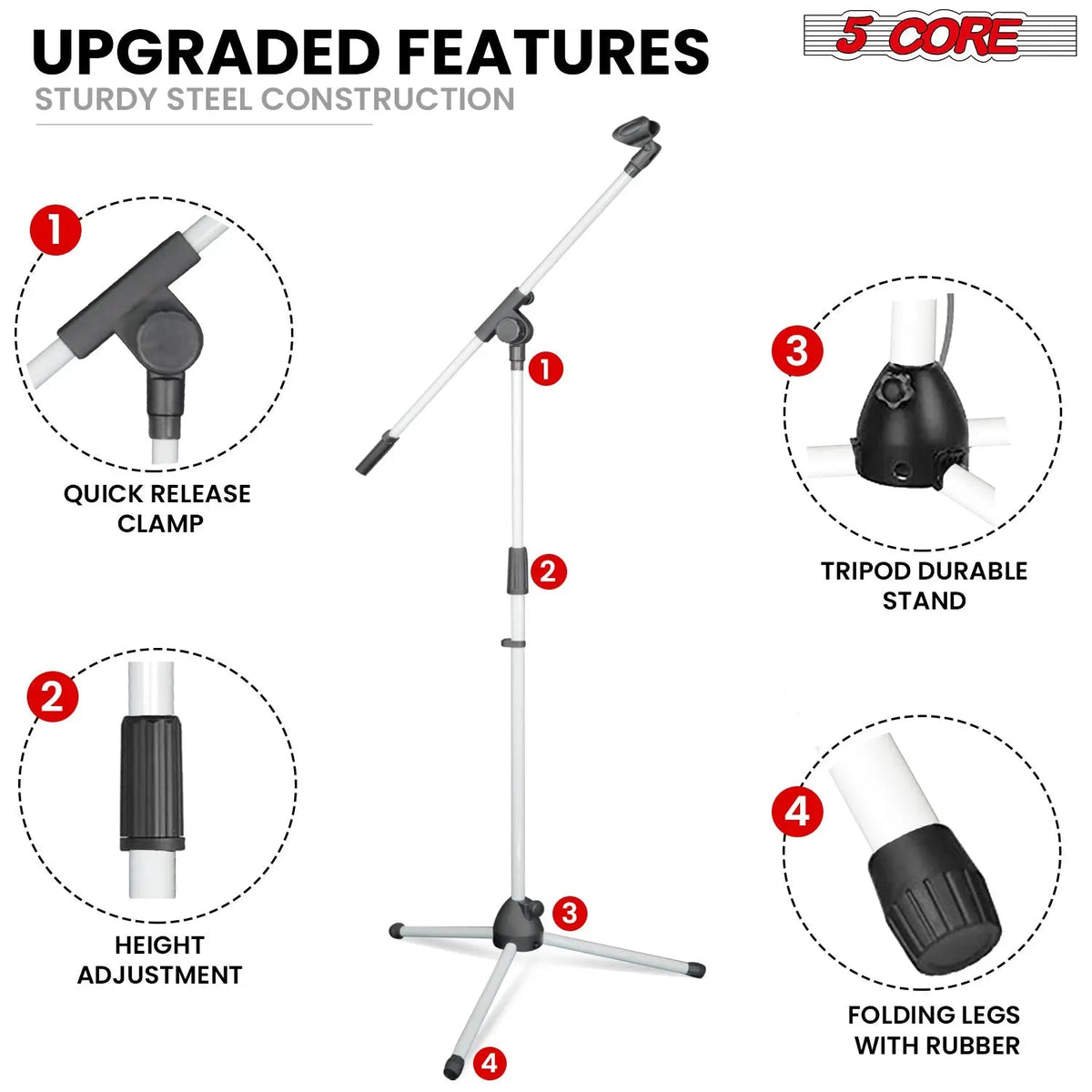 5 Core Mic Stand Floor 4Pc Adjustable 72" Tripod Microphone Stands w Telescoping Boom Arm - HONORABLE VETERANS SOLUTIONS