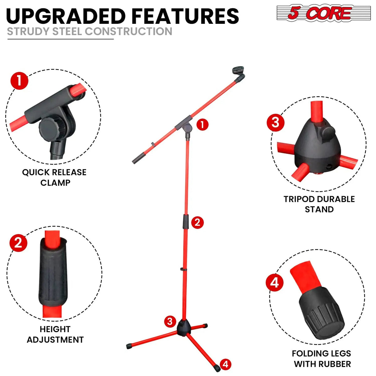 5 Core Mic Stand Floor 4Pc Adjustable 72" Tripod Microphone Stands w Telescoping Boom Arm - HONORABLE VETERANS SOLUTIONS
