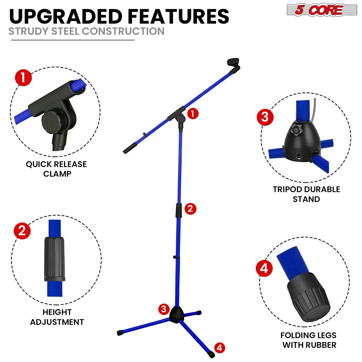5 Core Mic Stand Floor 4Pc Adjustable 72" Tripod Microphone Stands w Telescoping Boom Arm - HONORABLE VETERANS SOLUTIONS