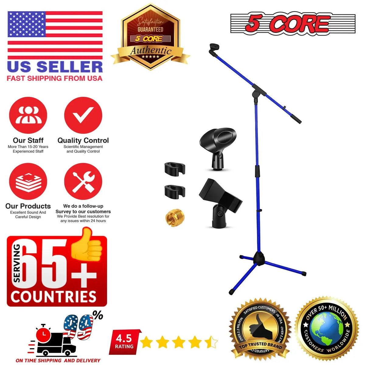 5 Core Mic Stand Floor Adjustable 72" Tripod Microphone Stands w Telescoping Boom Arm - HONORABLE VETERANS SOLUTIONS
