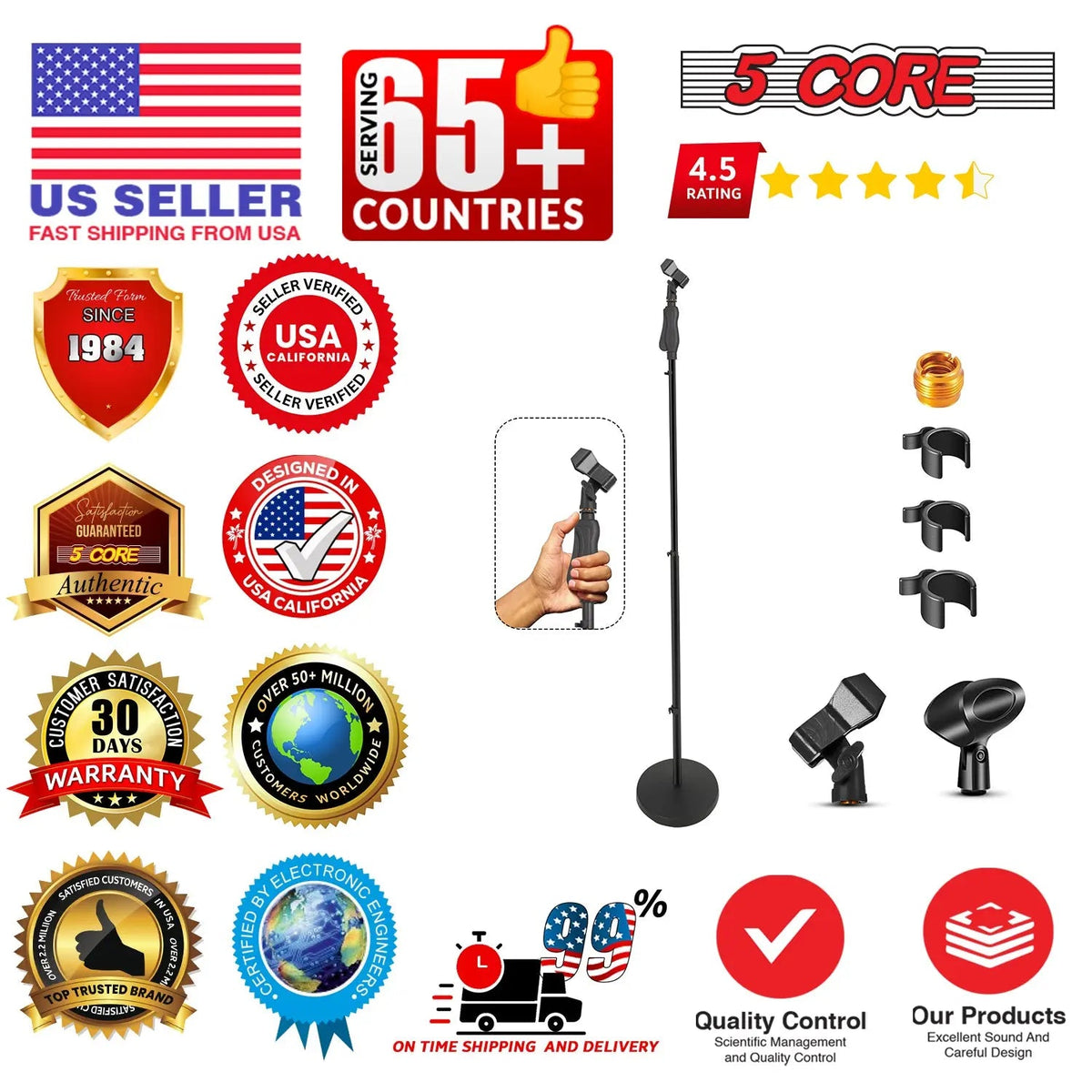 5 Core Microphone Stand Universal Floor Height Adjustable 35 to 57" Round Base Mic Stands Quick Setting Lock-Tight Knob w 5/8 Thread Adapter - HONORABLE VETERANS SOLUTIONS