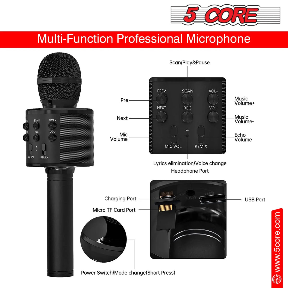 5 Core Microphone Wireless Karaoke Mic With Speaker 3 in 1 Portable Bluetooth Microfono Inalambrico - HONORABLE VETERANS SOLUTIONS