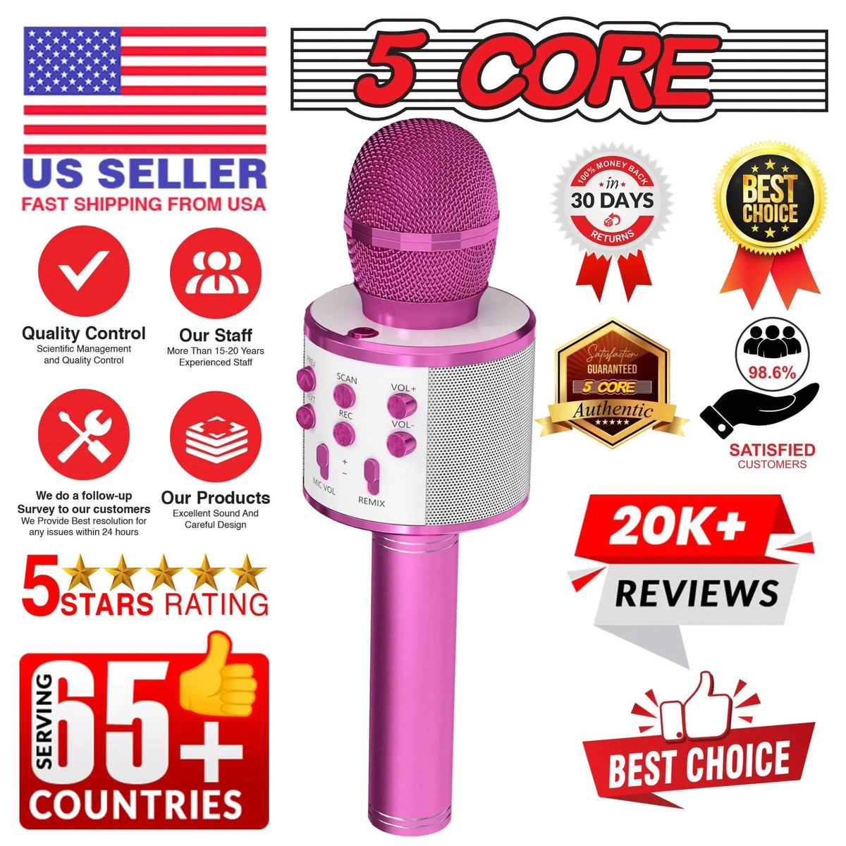 5 Core Microphone Wireless Karaoke Mic With Speaker 3 in 1 Portable Bluetooth Microfono Inalambrico - HONORABLE VETERANS SOLUTIONS