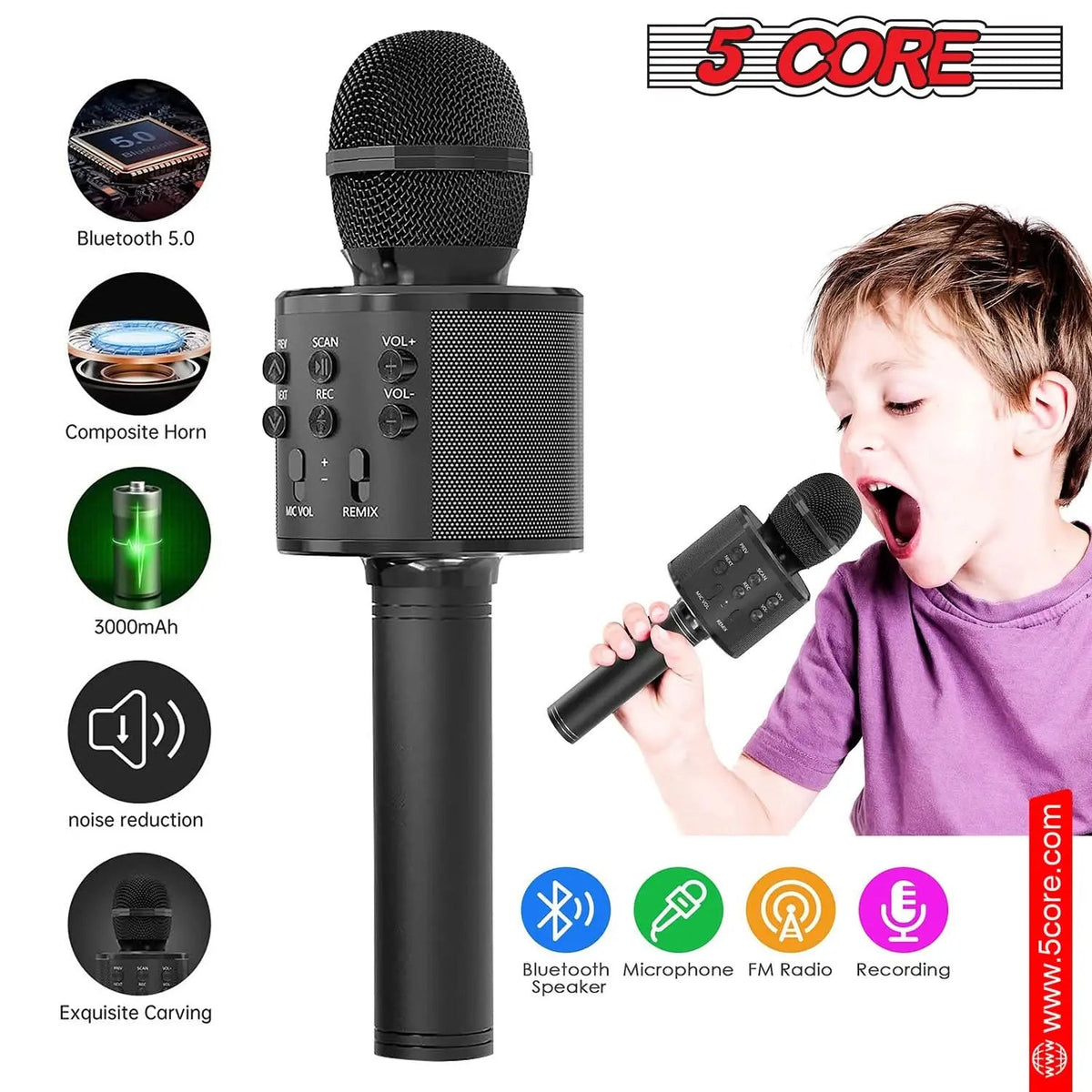5 Core Microphone Wireless Karaoke Mic With Speaker 3 in 1 Portable Bluetooth Microfono Inalambrico - HONORABLE VETERANS SOLUTIONS