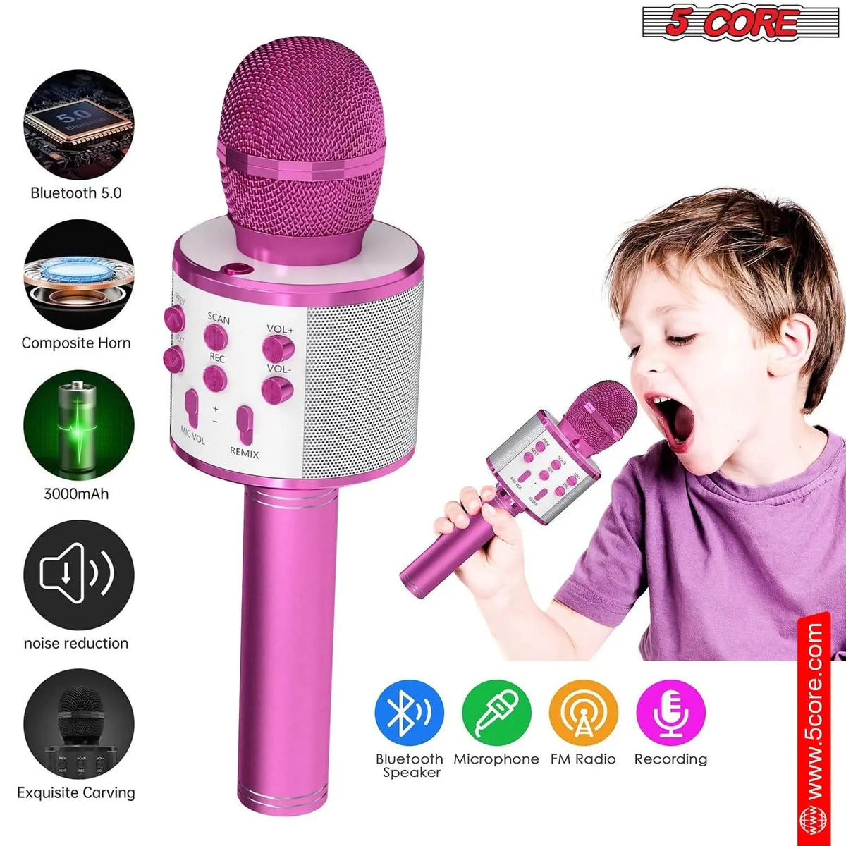 5 Core Microphone Wireless Karaoke Mic With Speaker 3 in 1 Portable Bluetooth Microfono Inalambrico - HONORABLE VETERANS SOLUTIONS