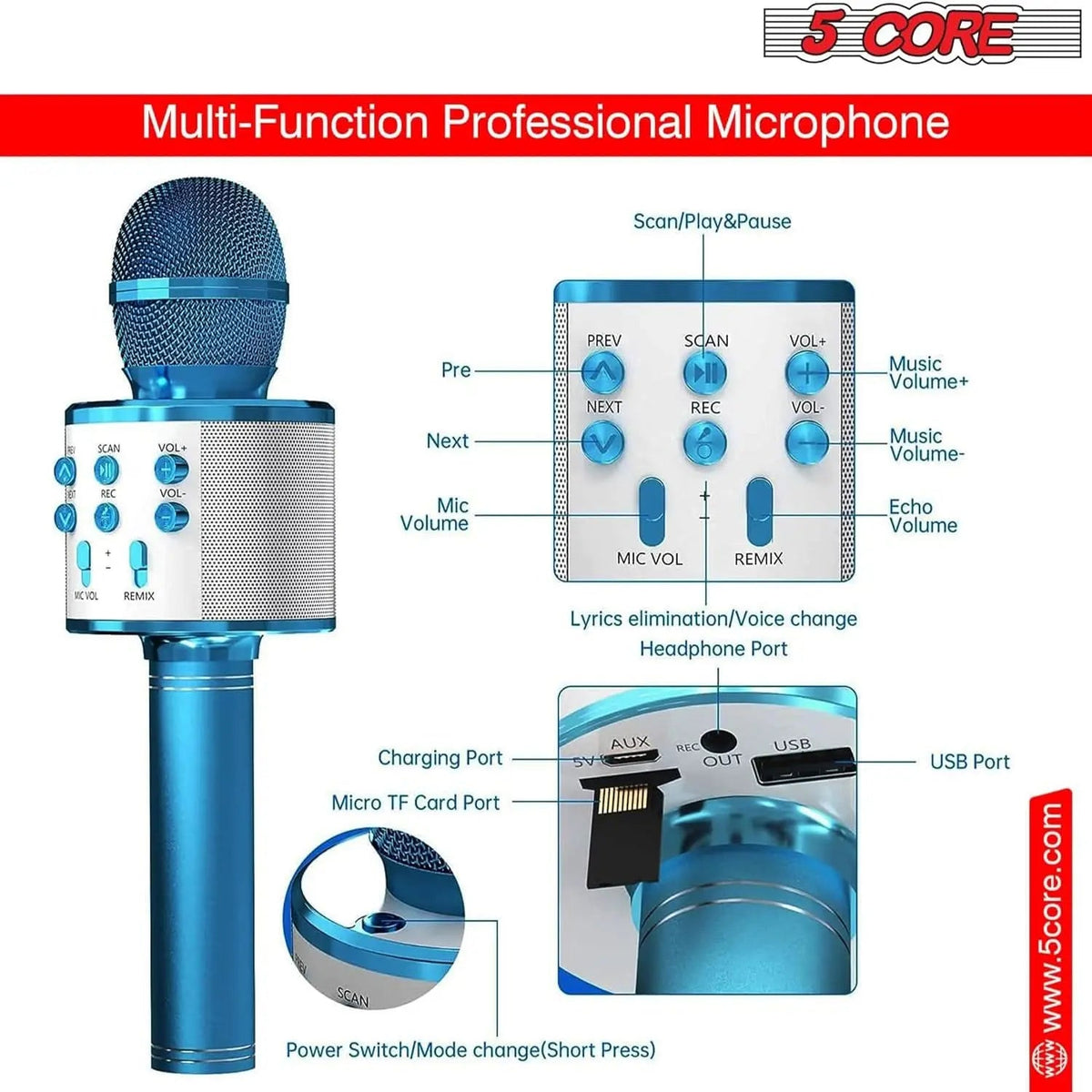 5 Core Microphone Wireless Karaoke Mic With Speaker 3 in 1 Portable Bluetooth Microfono Inalambrico - HONORABLE VETERANS SOLUTIONS