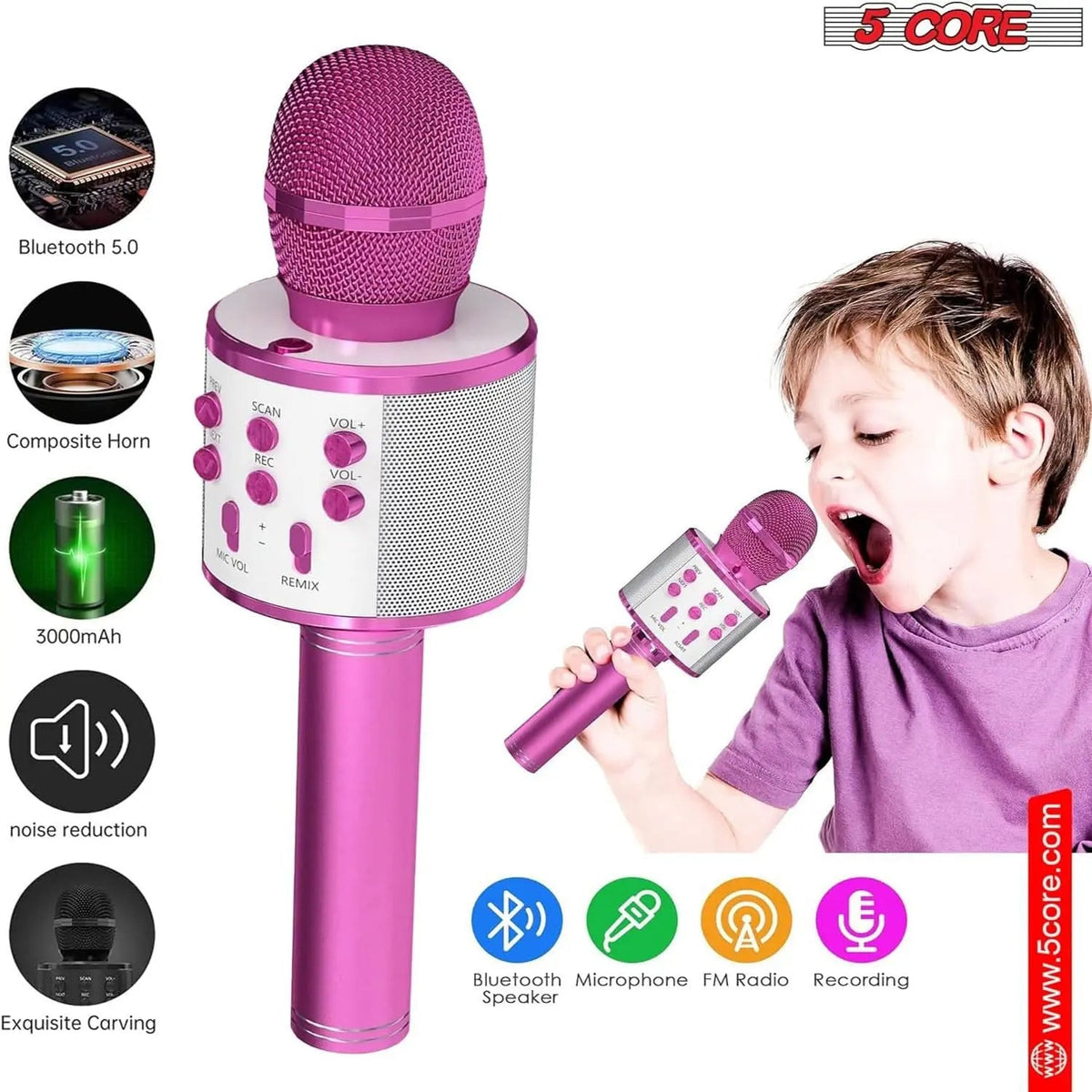 5 Core Microphone Wireless Karaoke Mic With Speaker 3 in 1 Portable Bluetooth Microfono Inalambrico - HONORABLE VETERANS SOLUTIONS