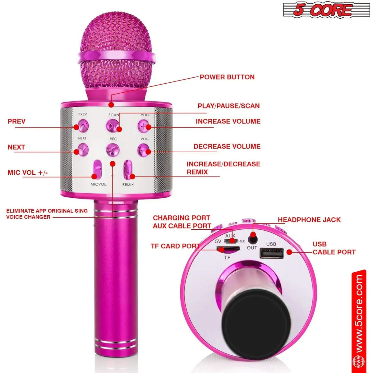 5 Core Microphone Wireless Karaoke Mic With Speaker 3 in 1 Portable Bluetooth Microfono Inalambrico - HONORABLE VETERANS SOLUTIONS