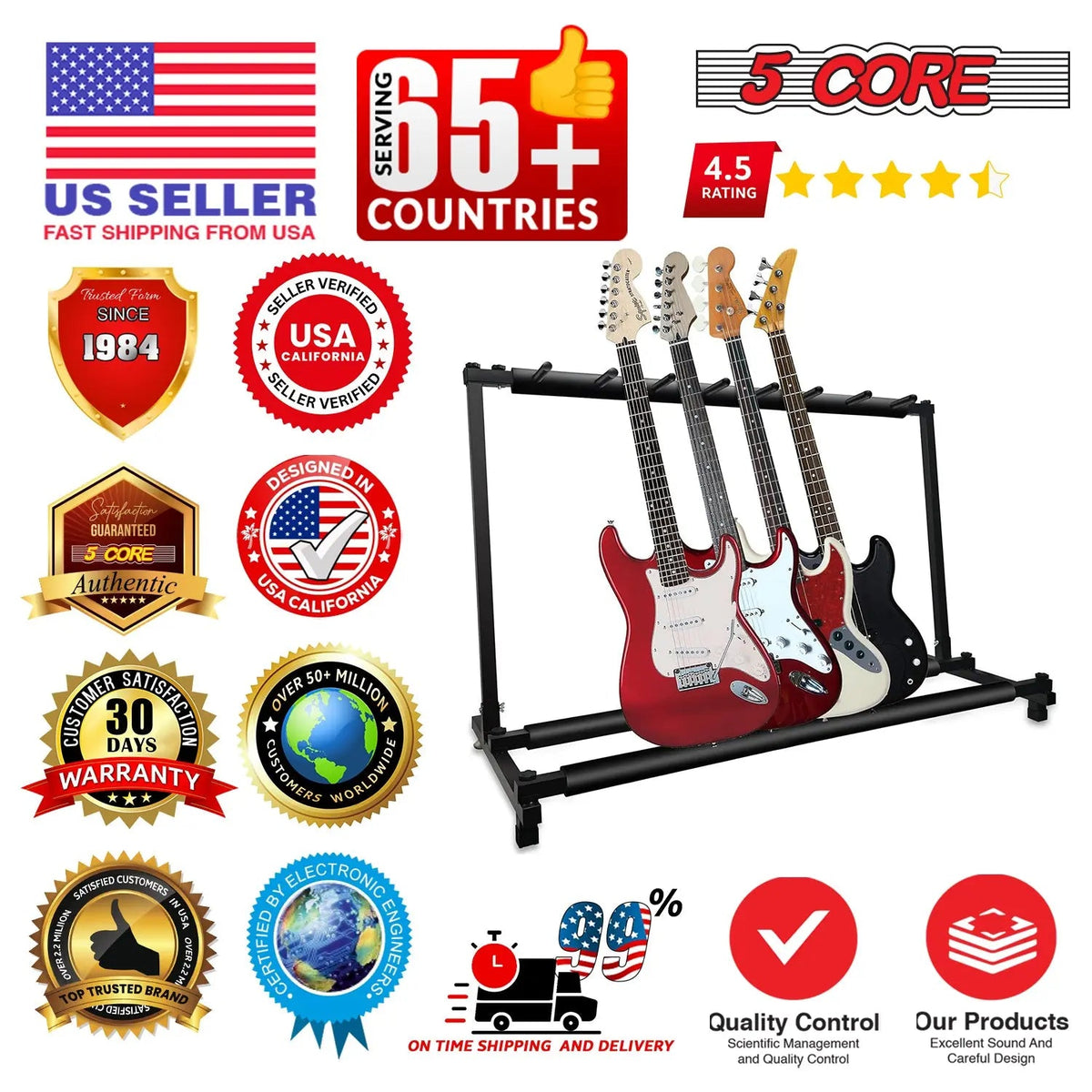 5 Core Multi Guitar Rack Stand Floor 7 Slot Adjustable Flying V Guitars Holder - HONORABLE VETERANS SOLUTIONS