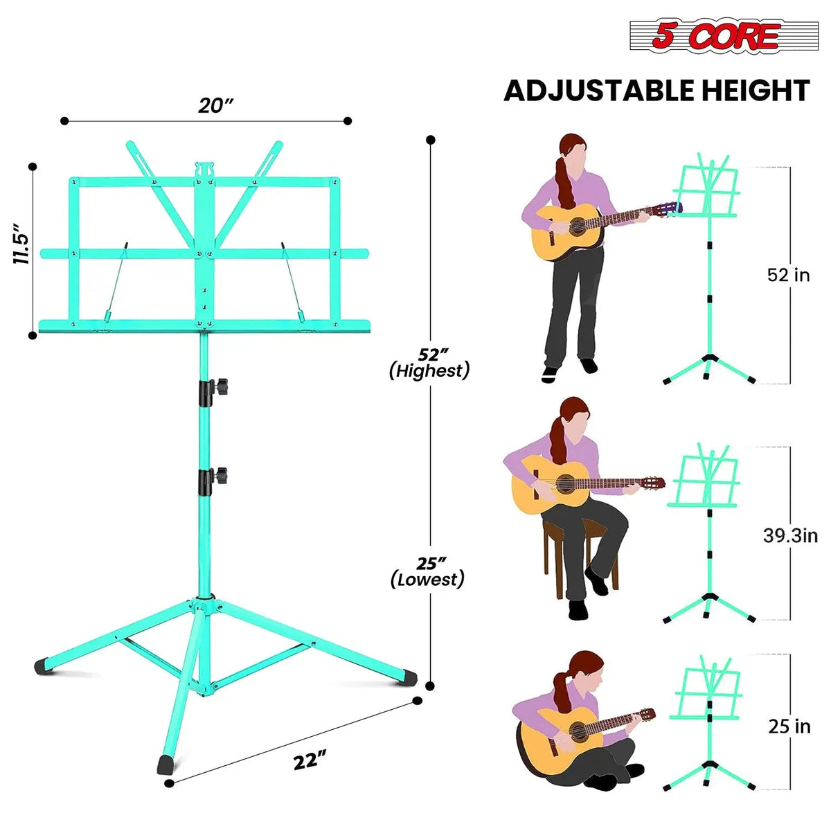 5 Core Music Stand Adjustable 52" Desktop Book Stands Sheet Holder All Metal Portable Bookstand - HONORABLE VETERANS SOLUTIONS