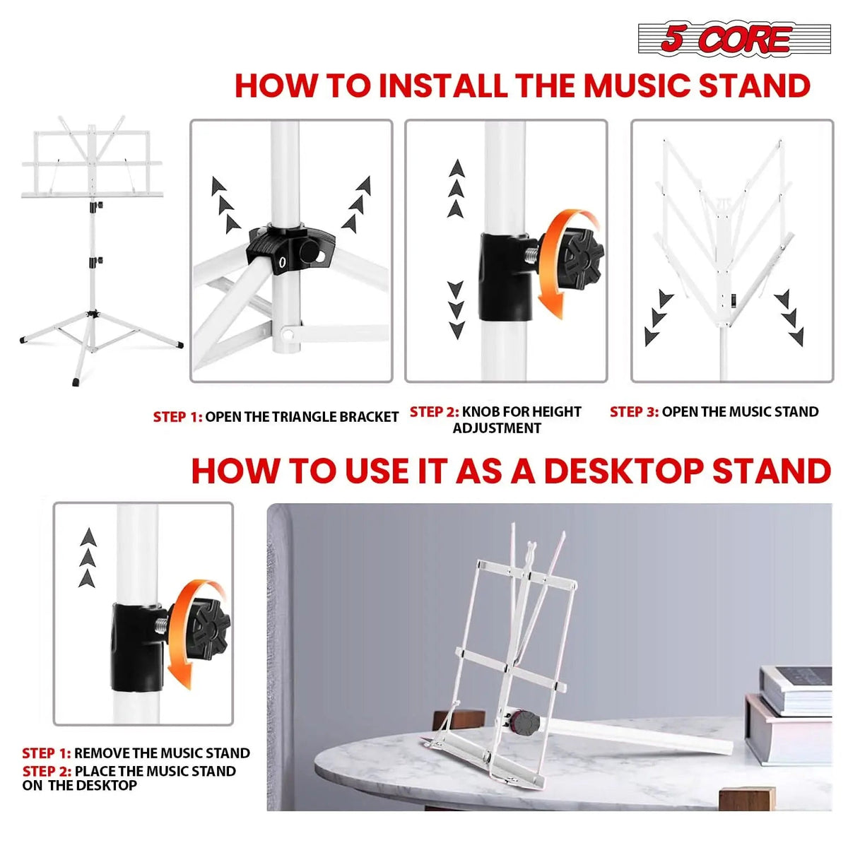 5 Core Music Stand Adjustable 52" Desktop Book Stands Sheet Holder All Metal Portable Bookstand - HONORABLE VETERANS SOLUTIONS