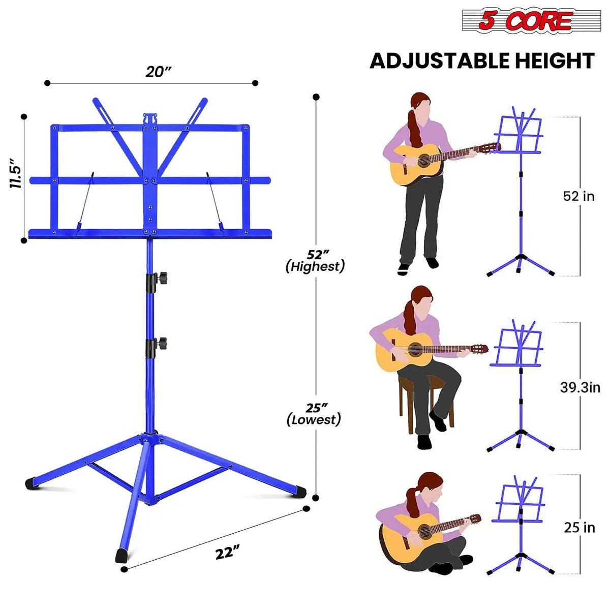 5 Core Music Stand Adjustable 52" Desktop Book Stands Sheet Holder All Metal Portable Bookstand - HONORABLE VETERANS SOLUTIONS