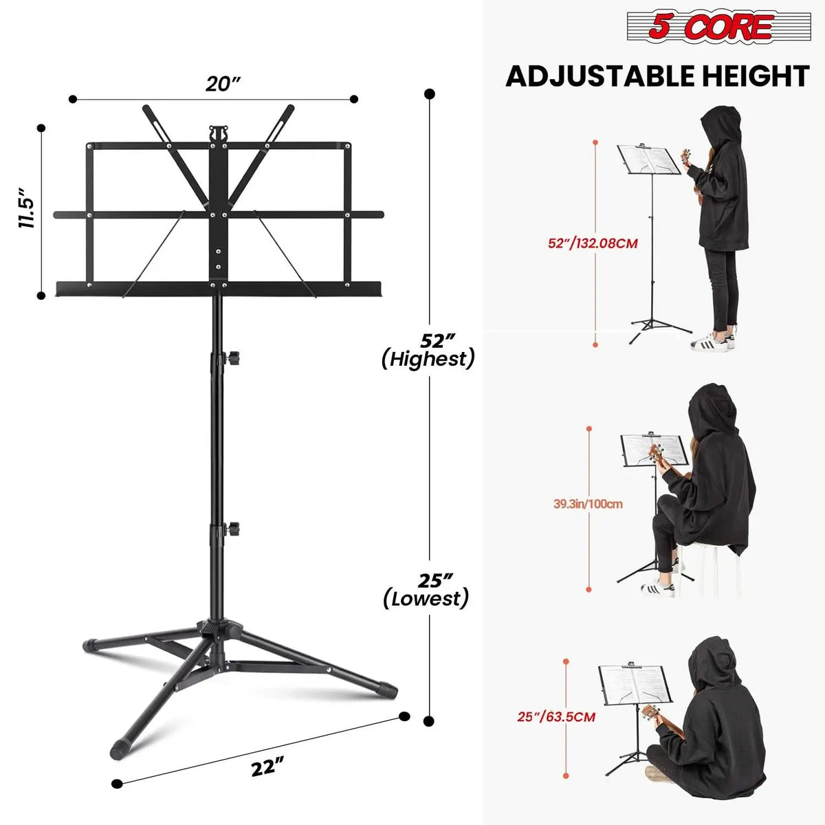 5 Core Music Stand Adjustable 52" Desktop Book Stands Sheet Holder All Metal Portable Bookstand - HONORABLE VETERANS SOLUTIONS
