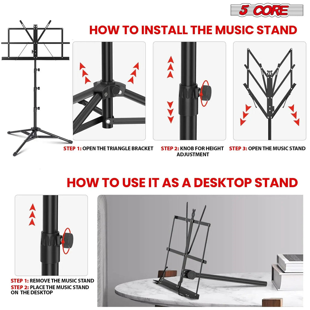 5 Core Music Stand Adjustable Desktop Book Stands Portable Sheet Holder All Metal Foldable Bookstand - HONORABLE VETERANS SOLUTIONS