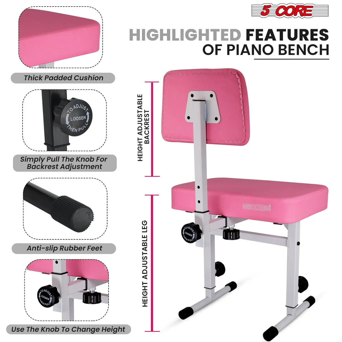 5 Core Piano Bench 3" Padded Cushioned Stool w Backrest Heavy Duty Musician Chair Height Adjustable - HONORABLE VETERANS SOLUTIONS