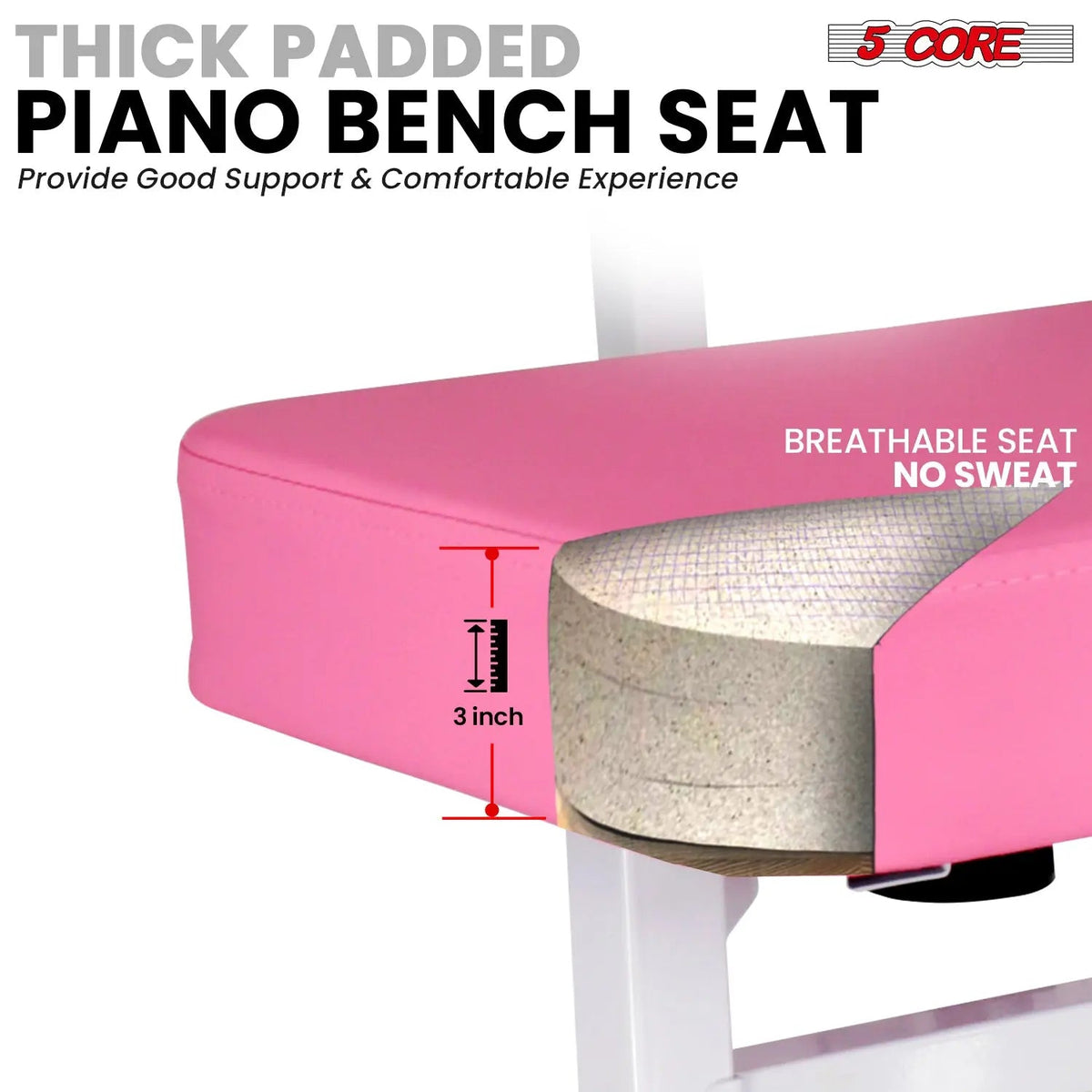 5 Core Piano Bench 3" Padded Cushioned Stool w Backrest Heavy Duty Musician Chair Height Adjustable - HONORABLE VETERANS SOLUTIONS