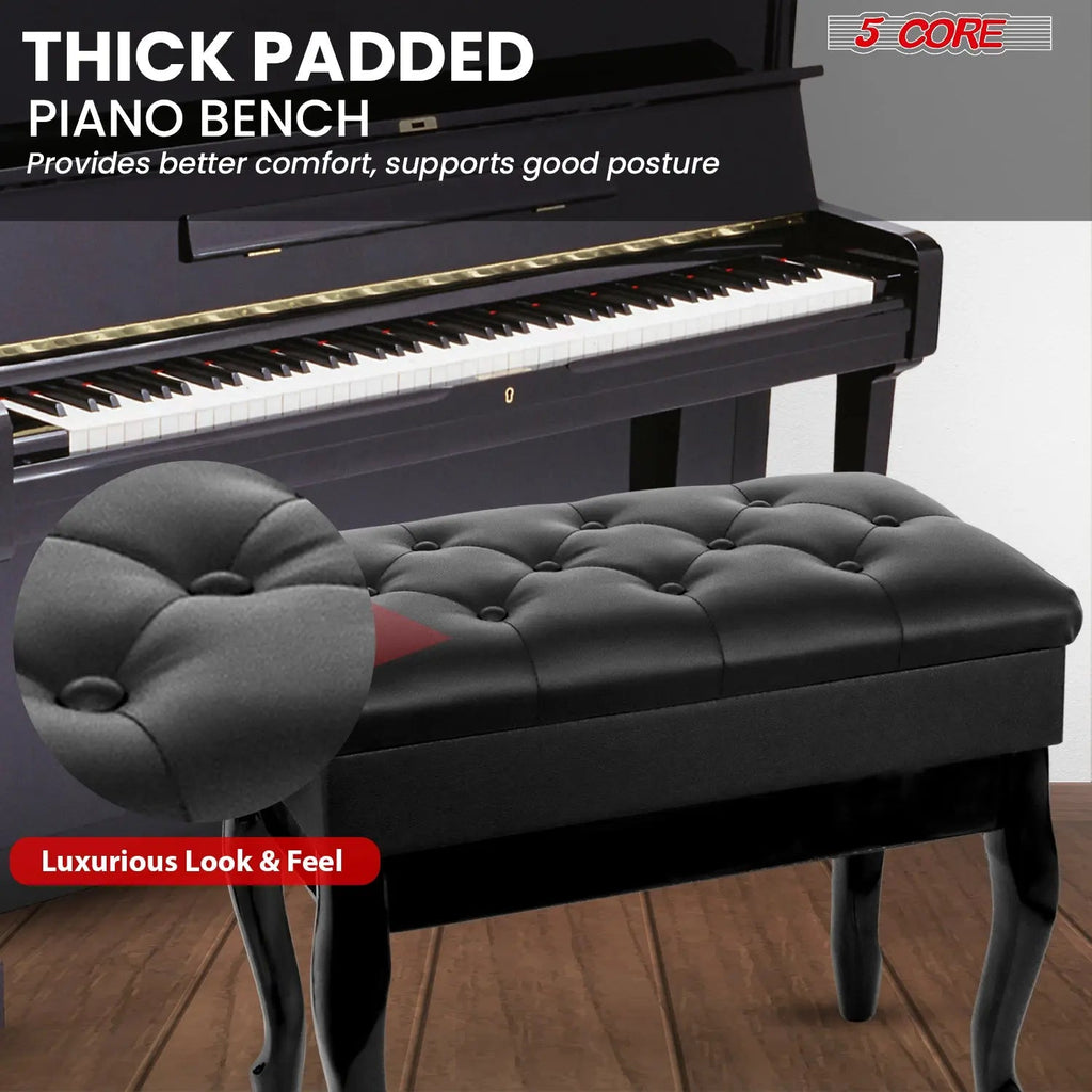 5 Core Piano Bench 3" Padded Cushioned Stool Wooden Heavy Duty Adjustable Musician Chair w Storage - HONORABLE VETERANS SOLUTIONS