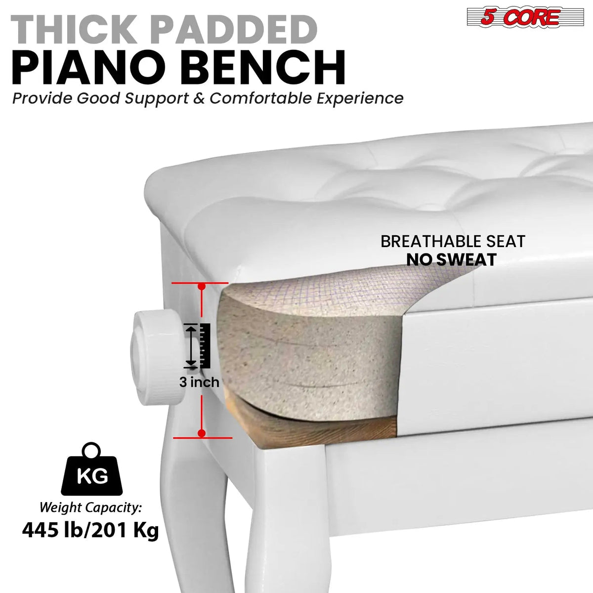 5 Core Piano Bench 3" Padded Cushioned Stool Wooden Heavy Duty Adjustable Musician Chair w Storage - HONORABLE VETERANS SOLUTIONS