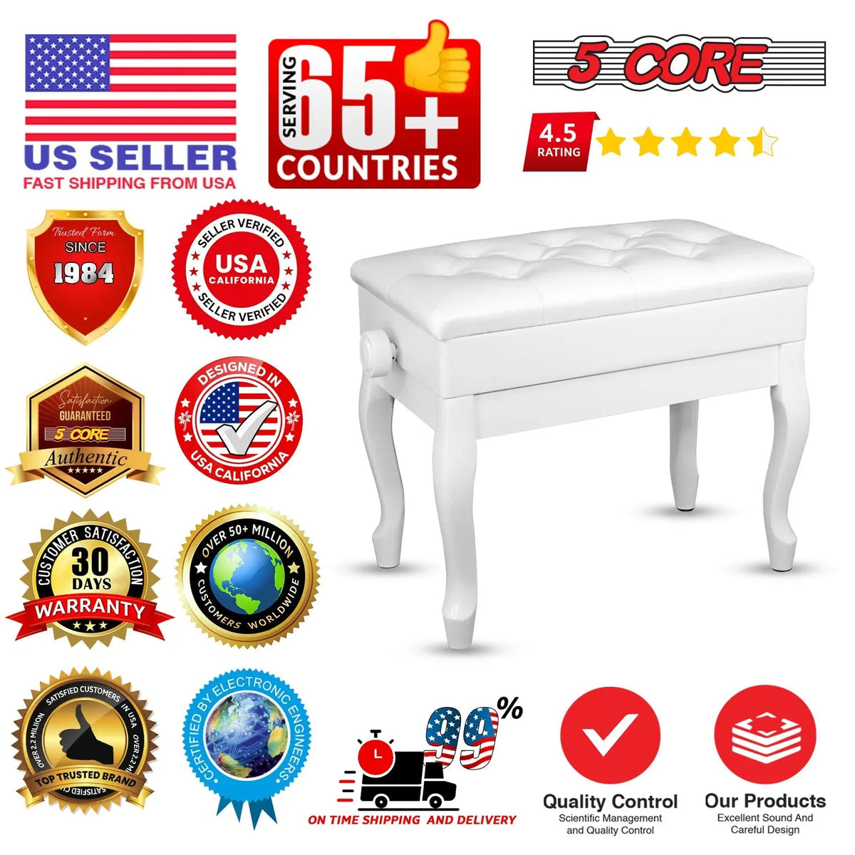 5 Core Piano Bench 3" Padded Cushioned Stool Wooden Heavy Duty Adjustable Musician Chair w Storage - HONORABLE VETERANS SOLUTIONS