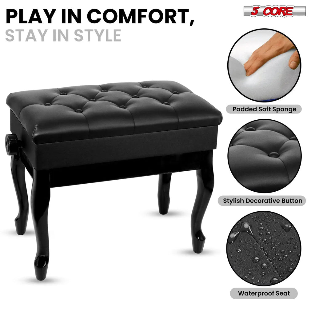 5 Core Piano Bench 3" Padded Cushioned Stool Wooden Heavy Duty Adjustable Musician Chair w Storage - HONORABLE VETERANS SOLUTIONS