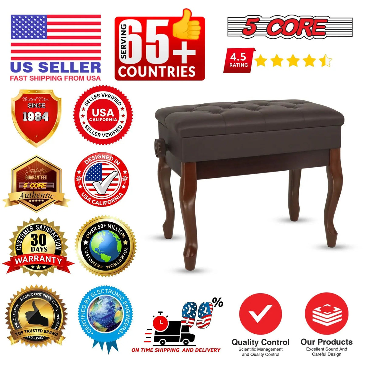 5 Core Piano Bench 3" Padded Cushioned Stool Wooden Heavy Duty Adjustable Musician Chair w Storage - HONORABLE VETERANS SOLUTIONS