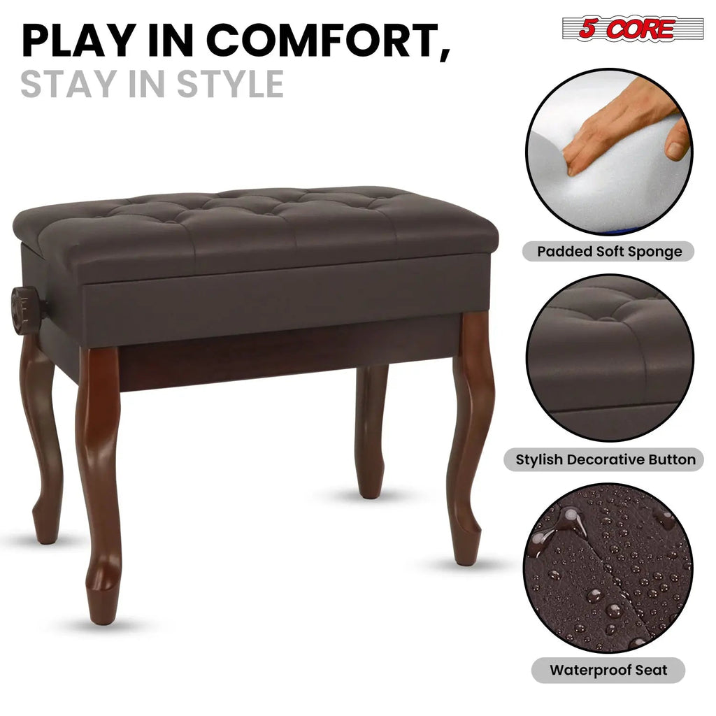 5 Core Piano Bench 3" Padded Cushioned Stool Wooden Heavy Duty Adjustable Musician Chair w Storage - HONORABLE VETERANS SOLUTIONS