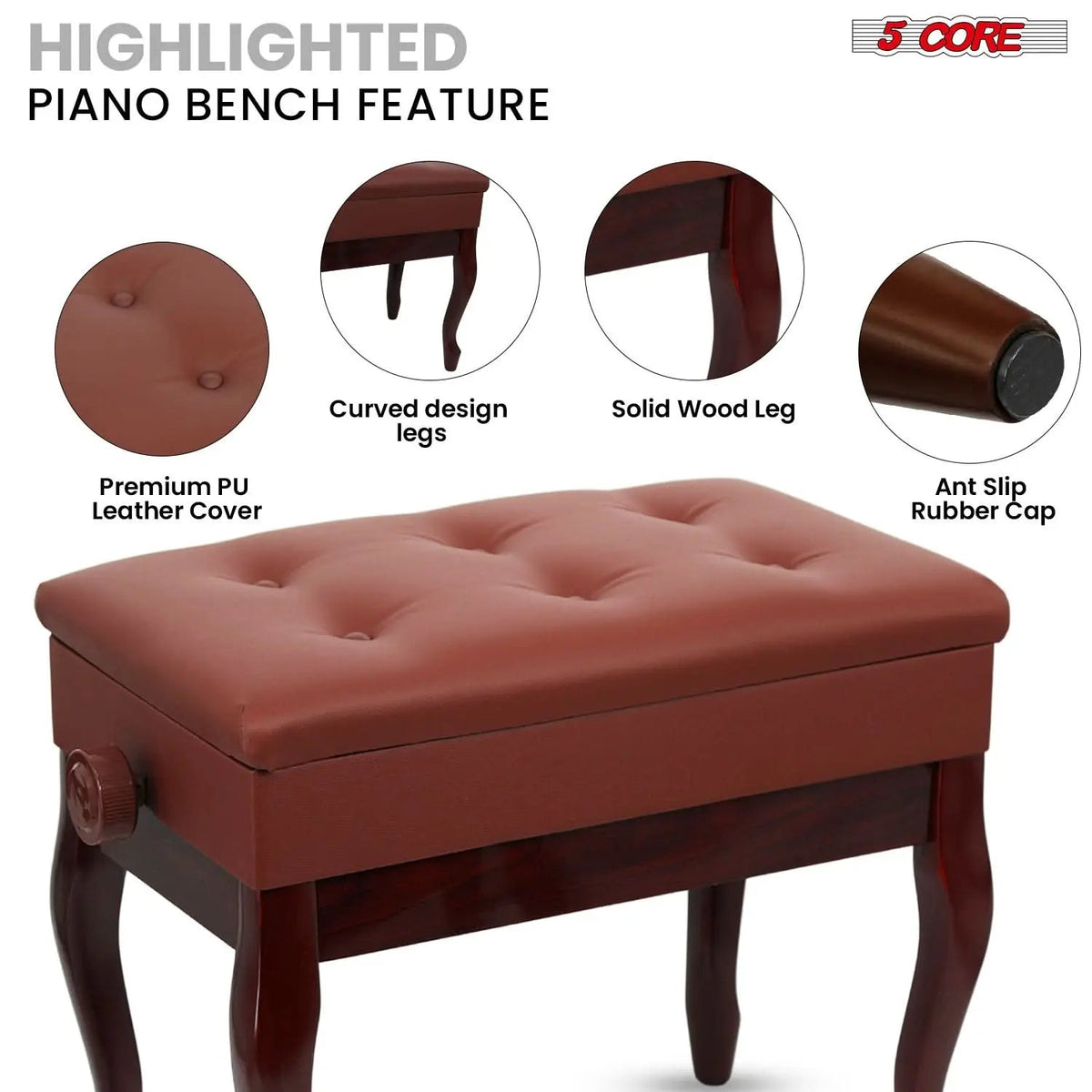 5 Core Piano Bench 3" Padded Cushioned Stool Wooden Heavy Duty Adjustable Musician Chair w Storage - HONORABLE VETERANS SOLUTIONS
