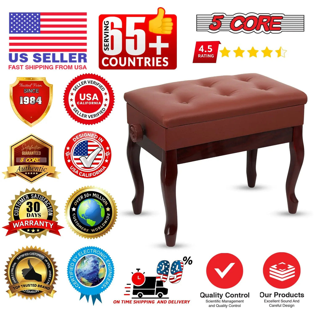 5 Core Piano Bench 3" Padded Cushioned Stool Wooden Heavy Duty Adjustable Musician Chair w Storage - HONORABLE VETERANS SOLUTIONS
