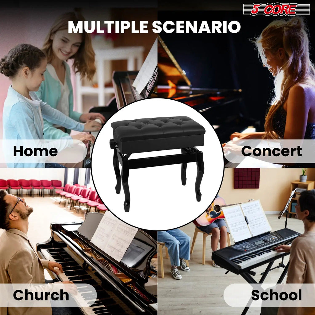 5 Core Piano Bench 3" Padded Cushioned Stool Wooden Heavy Duty Adjustable Musician Chair w Storage - HONORABLE VETERANS SOLUTIONS