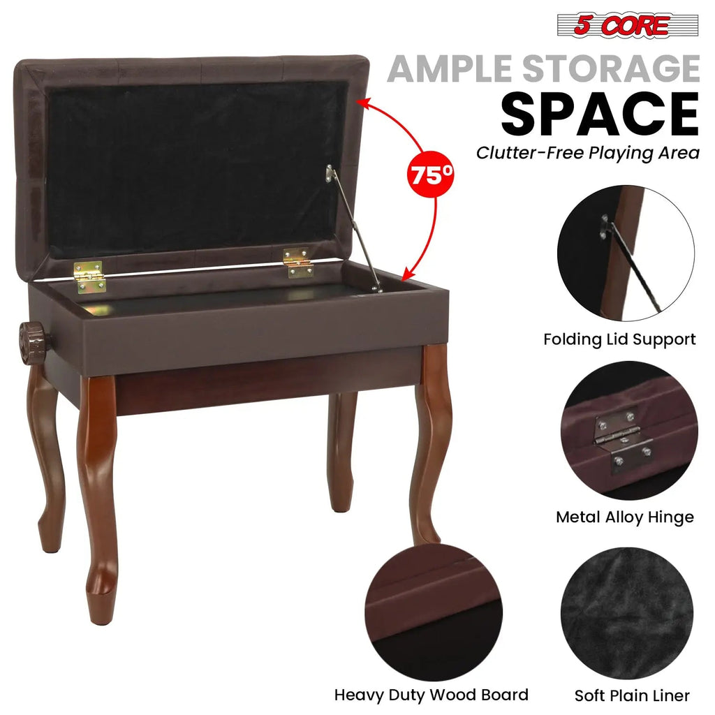 5 Core Piano Bench 3" Padded Cushioned Stool Wooden Heavy Duty Adjustable Musician Chair w Storage - HONORABLE VETERANS SOLUTIONS
