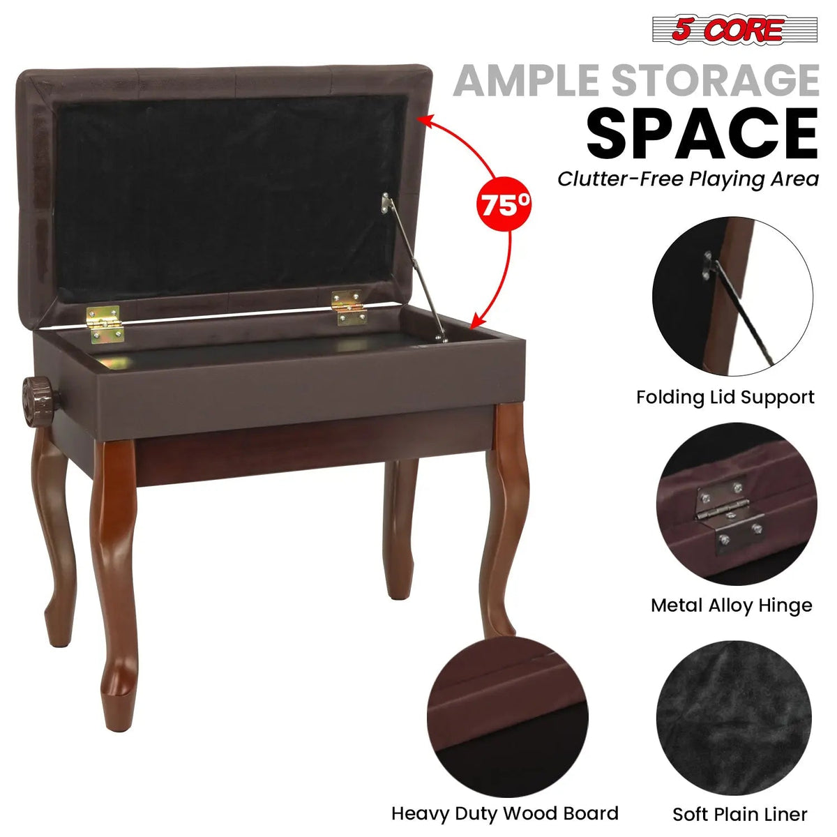 5 Core Piano Bench 3" Padded Cushioned Stool Wooden Heavy Duty Adjustable Musician Chair w Storage - HONORABLE VETERANS SOLUTIONS