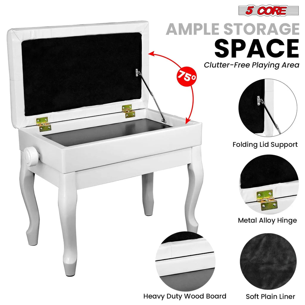 5 Core Piano Bench 3" Padded Cushioned Stool Wooden Heavy Duty Adjustable Musician Chair w Storage - HONORABLE VETERANS SOLUTIONS