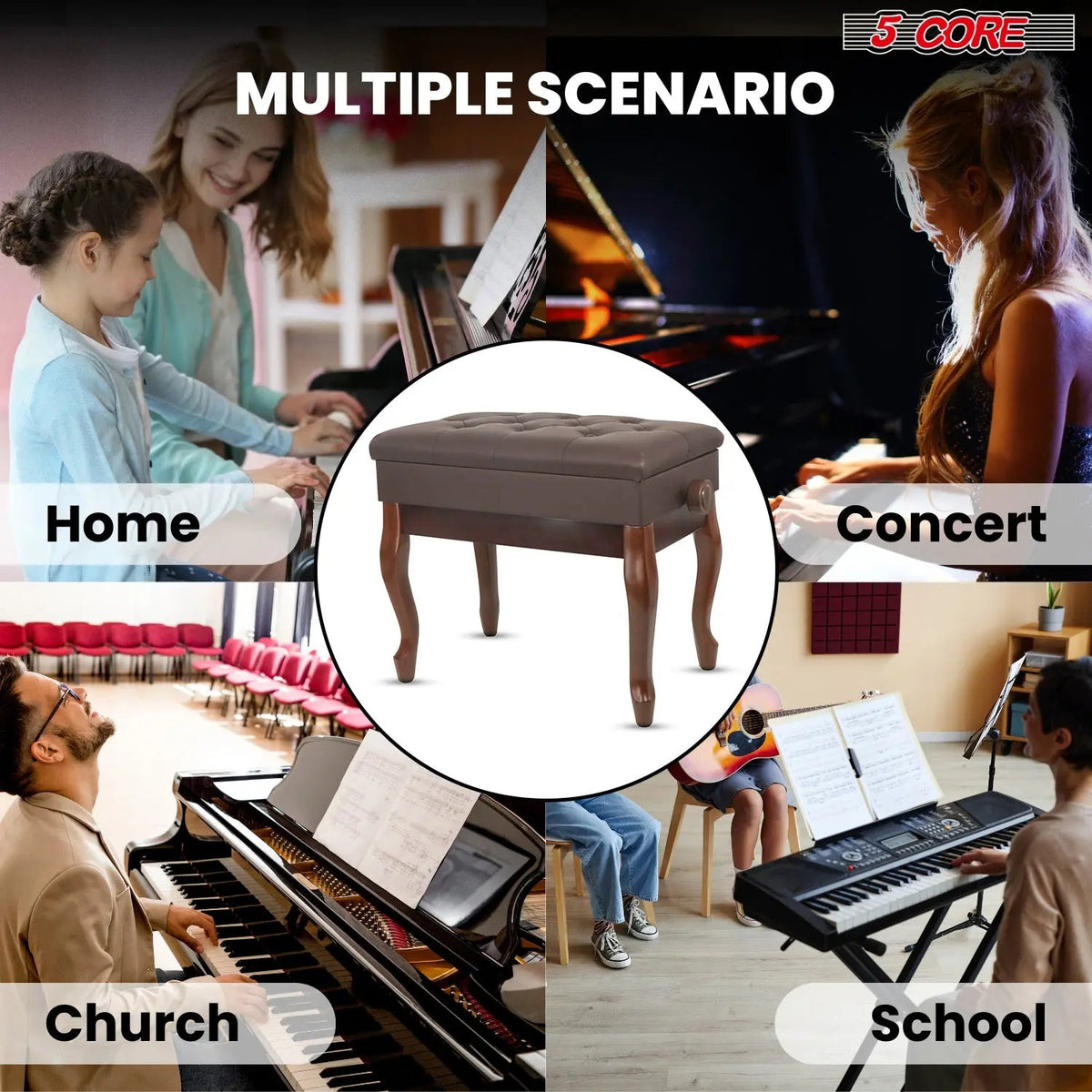 5 Core Piano Bench 3" Padded Cushioned Stool Wooden Heavy Duty Adjustable Musician Chair w Storage - HONORABLE VETERANS SOLUTIONS