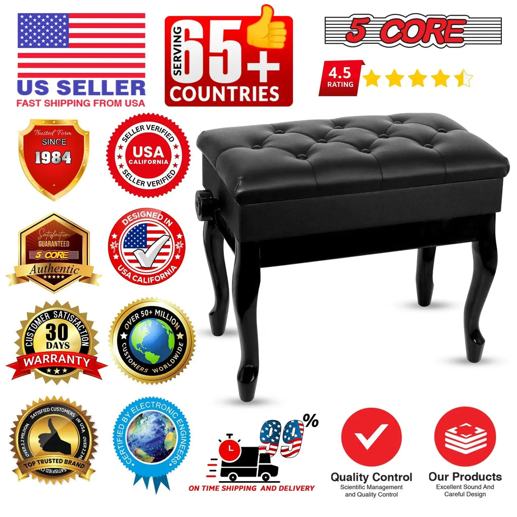 5 Core Piano Bench 3" Padded Cushioned Stool Wooden Heavy Duty Adjustable Musician Chair w Storage - HONORABLE VETERANS SOLUTIONS