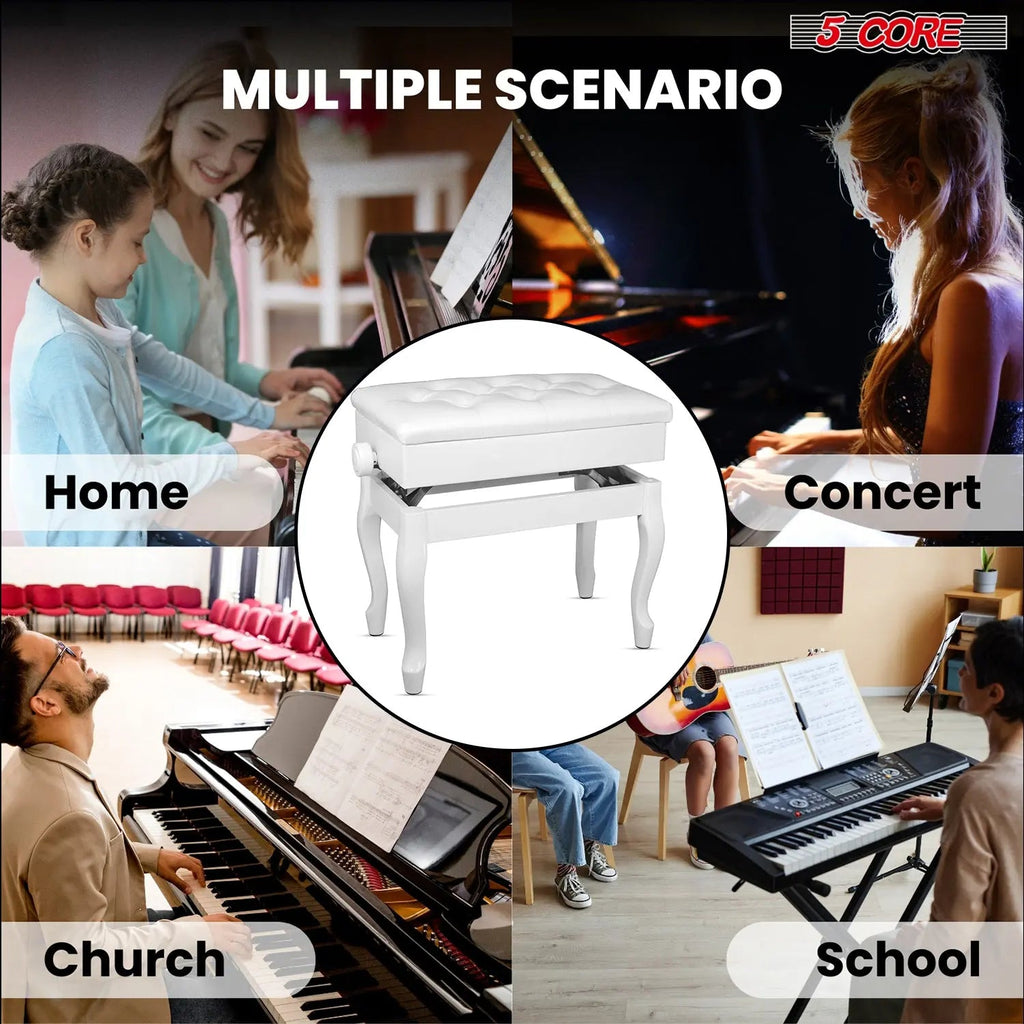5 Core Piano Bench 3" Padded Cushioned Stool Wooden Heavy Duty Adjustable Musician Chair w Storage - HONORABLE VETERANS SOLUTIONS