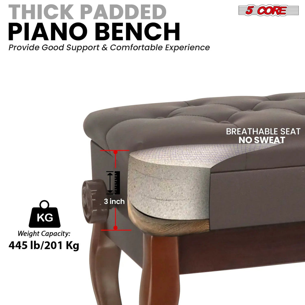 5 Core Piano Bench 3" Padded Cushioned Stool Wooden Heavy Duty Adjustable Musician Chair w Storage - HONORABLE VETERANS SOLUTIONS