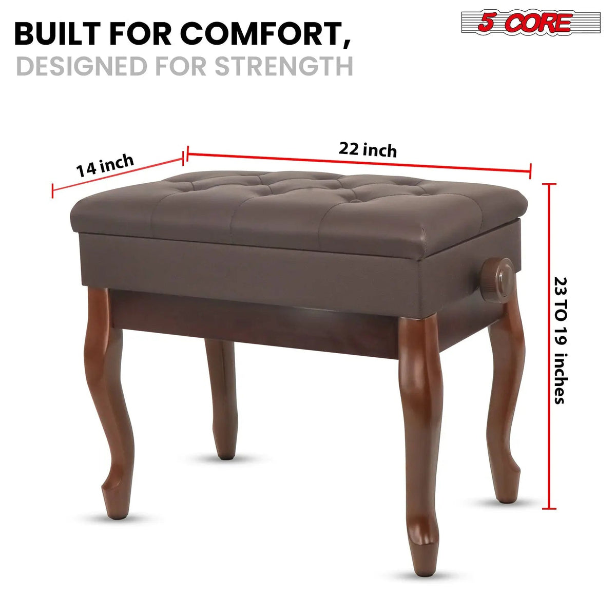 5 Core Piano Bench 3" Padded Cushioned Stool Wooden Heavy Duty Adjustable Musician Chair w Storage - HONORABLE VETERANS SOLUTIONS