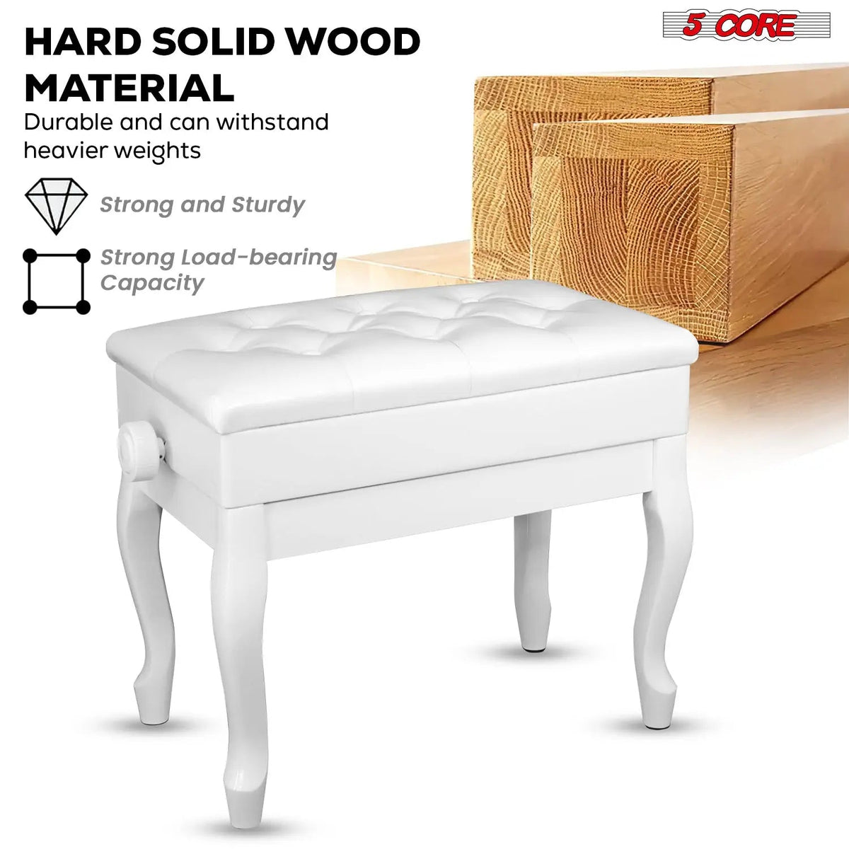 5 Core Piano Bench 3" Padded Cushioned Stool Wooden Heavy Duty Adjustable Musician Chair w Storage - HONORABLE VETERANS SOLUTIONS