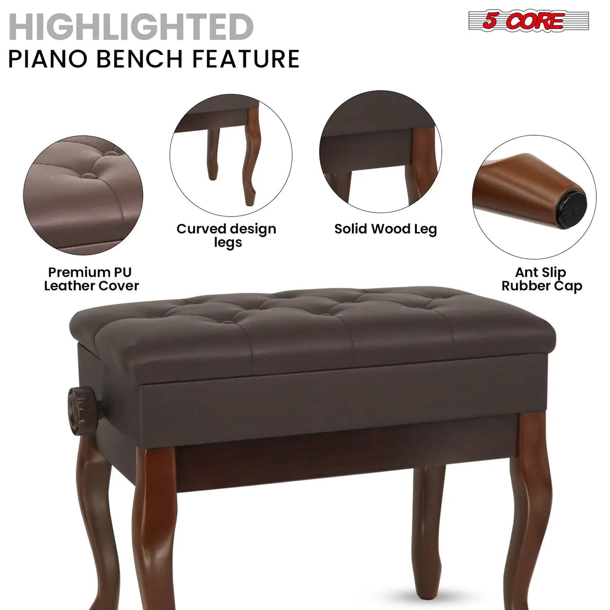 5 Core Piano Bench 3" Padded Cushioned Stool Wooden Heavy Duty Adjustable Musician Chair w Storage - HONORABLE VETERANS SOLUTIONS