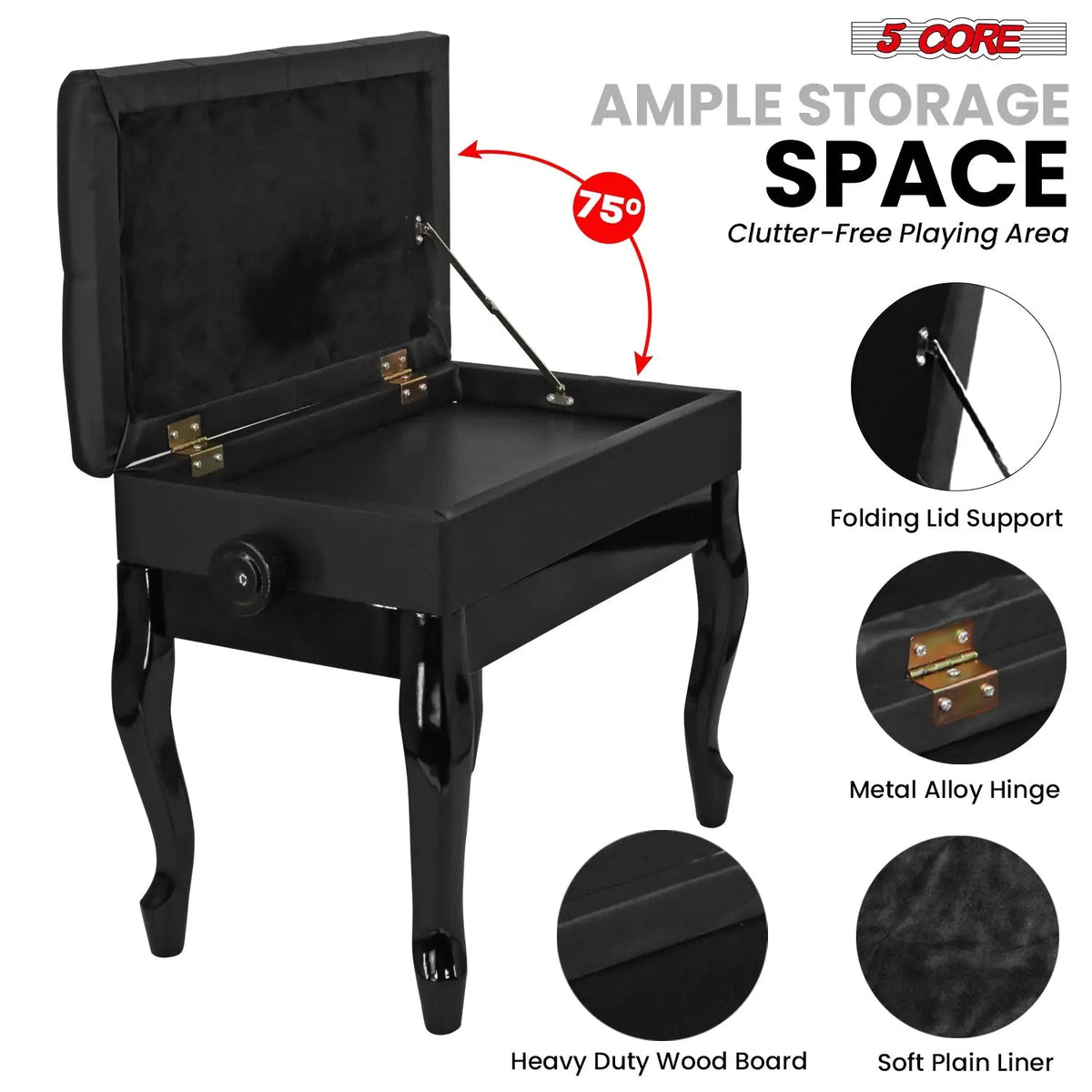 5 Core Piano Bench 3" Padded Cushioned Stool Wooden Heavy Duty Adjustable Musician Chair w Storage - HONORABLE VETERANS SOLUTIONS