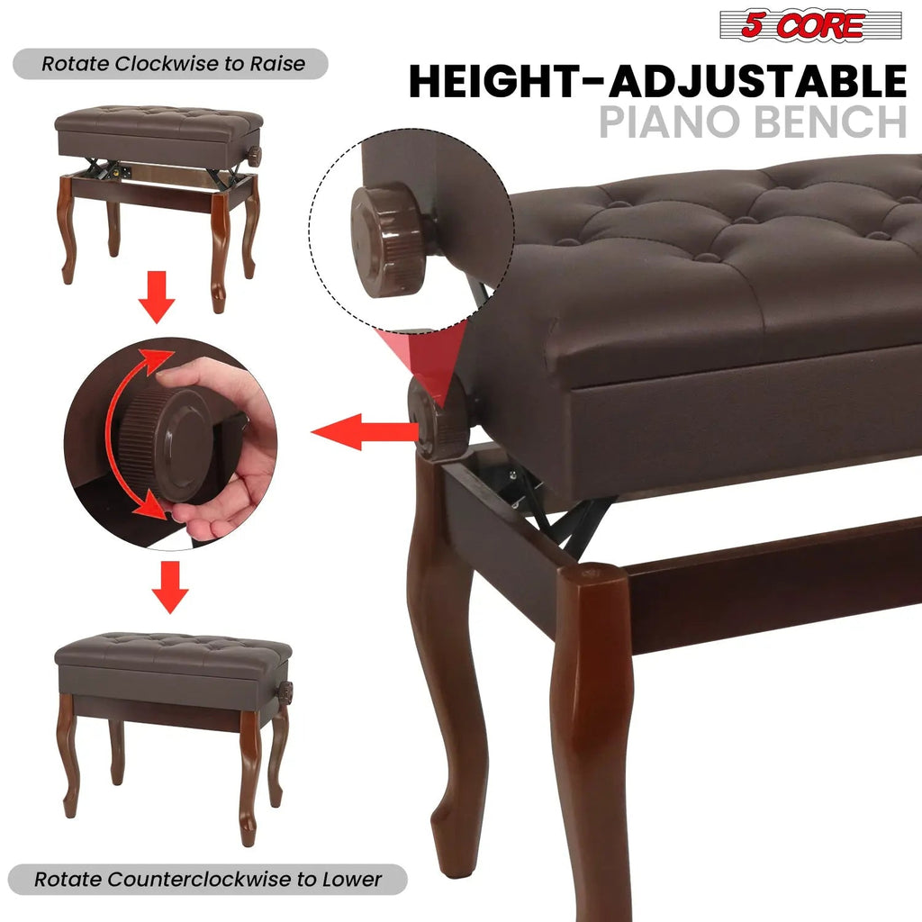5 Core Piano Bench 3" Padded Cushioned Stool Wooden Heavy Duty Adjustable Musician Chair w Storage - HONORABLE VETERANS SOLUTIONS