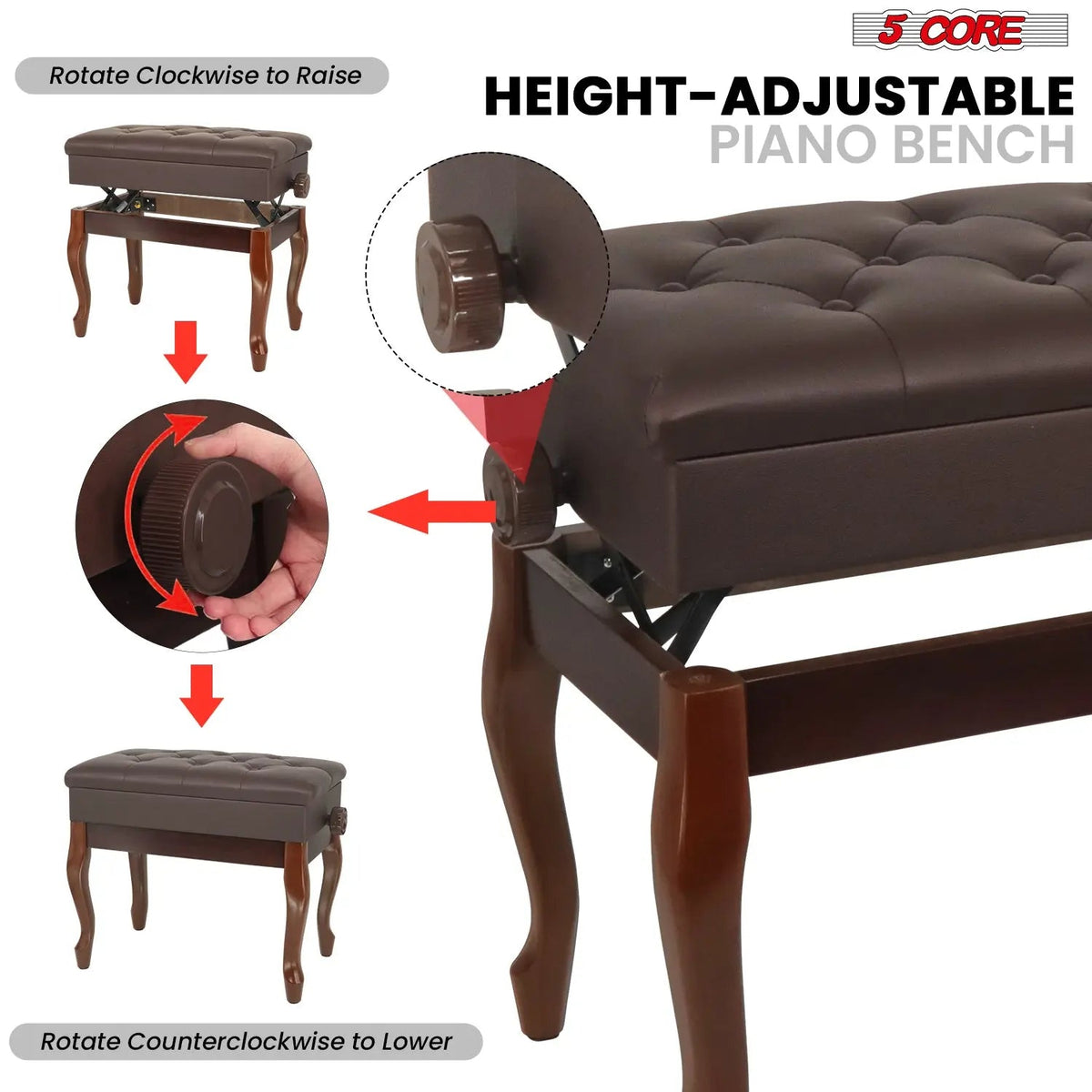 5 Core Piano Bench 3" Padded Cushioned Stool Wooden Heavy Duty Adjustable Musician Chair w Storage - HONORABLE VETERANS SOLUTIONS