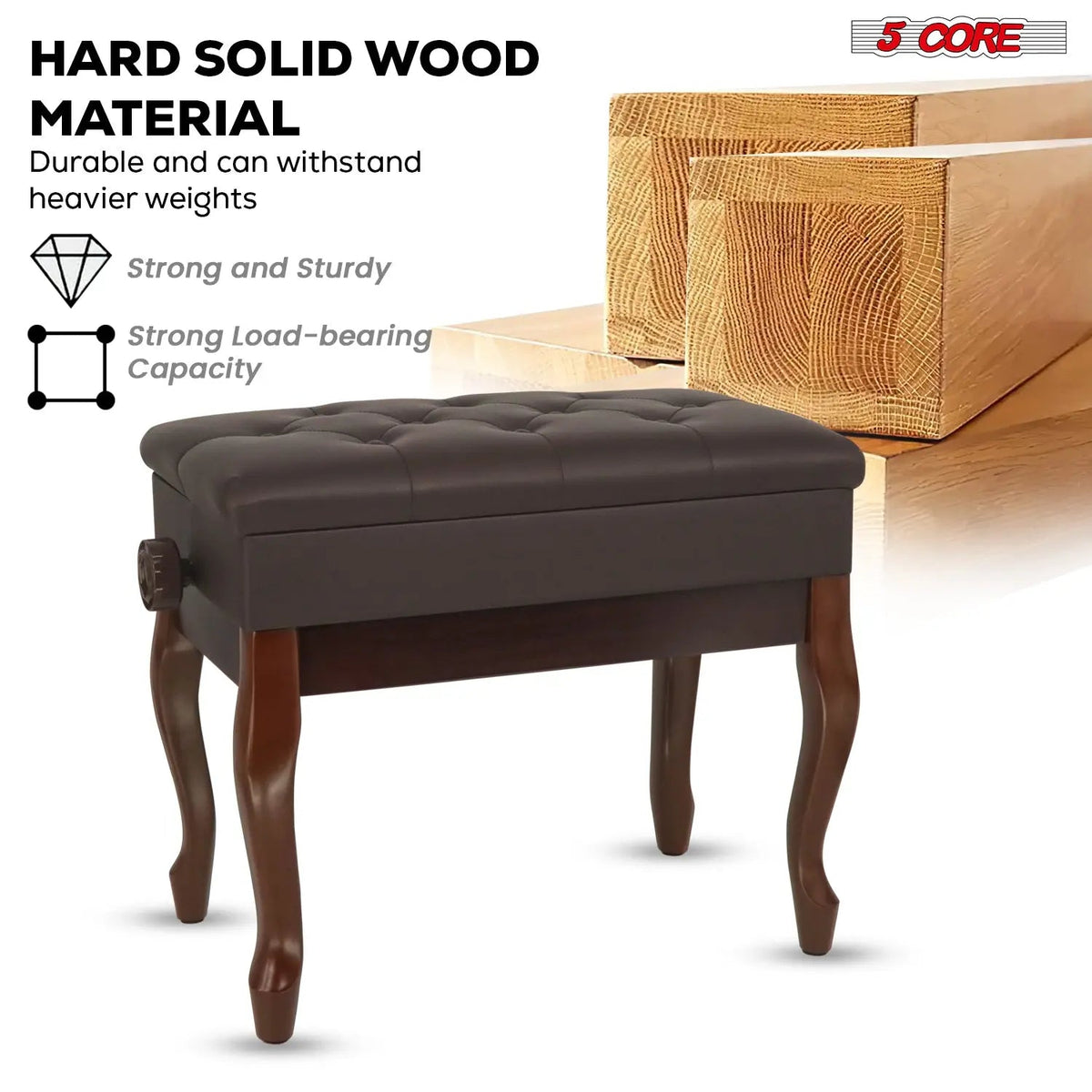 5 Core Piano Bench 3" Padded Cushioned Stool Wooden Heavy Duty Adjustable Musician Chair w Storage - HONORABLE VETERANS SOLUTIONS