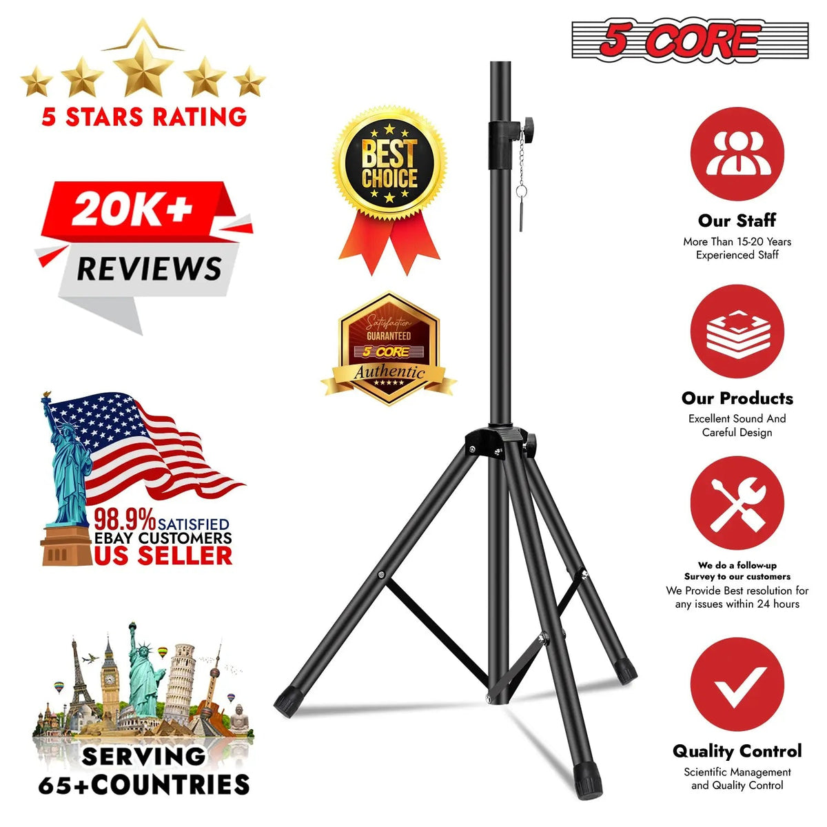 5 Core Speaker Stand Tripod Heavy Duty Adjustable 72" Universal Mount for PA DJ Studio - HONORABLE VETERANS SOLUTIONS