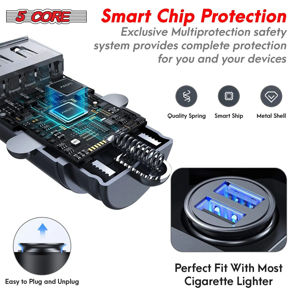 5 Core USB Car Charger Cigarette Lighter Adapter Dual USB Port Fast Charging - HONORABLE VETERANS SOLUTIONS