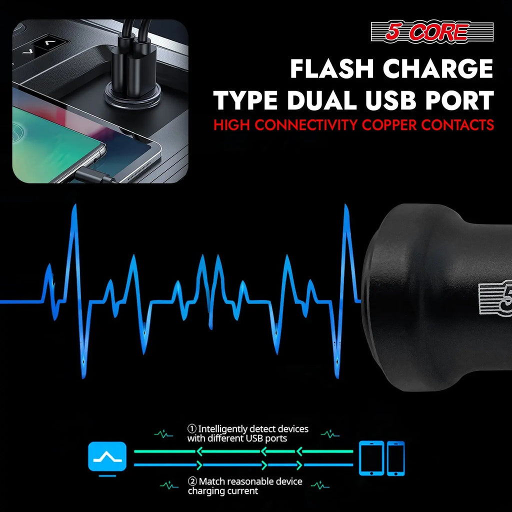 5 Core USB Car Charger Cigarette Lighter Adapter Dual USB Port Fast Charging - HONORABLE VETERANS SOLUTIONS