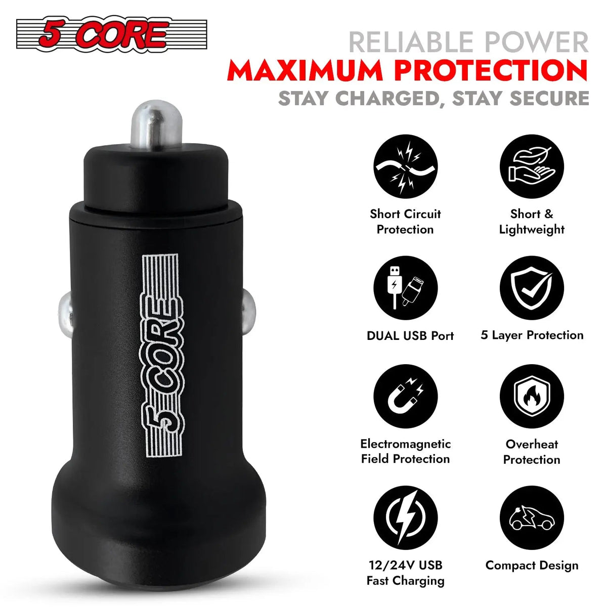 5 Core USB Car Charger Cigarette Lighter Adapter Dual USB Port Fast Charging - HONORABLE VETERANS SOLUTIONS