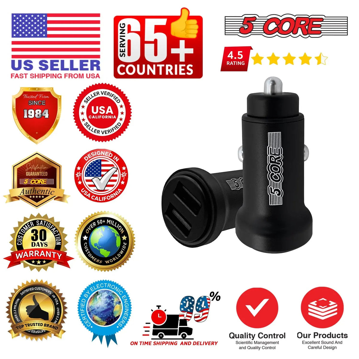 5 Core USB Car Charger Cigarette Lighter Adapter Dual USB Port Fast Charging - HONORABLE VETERANS SOLUTIONS