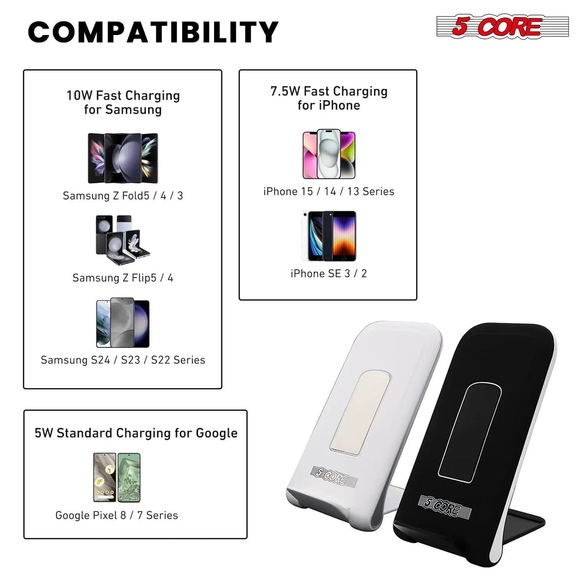 5 Core Wireless Charging Stand 2 Pieces 10W Fast Wireless Charger Station with Sleep-Friendly Light - HONORABLE VETERANS SOLUTIONS